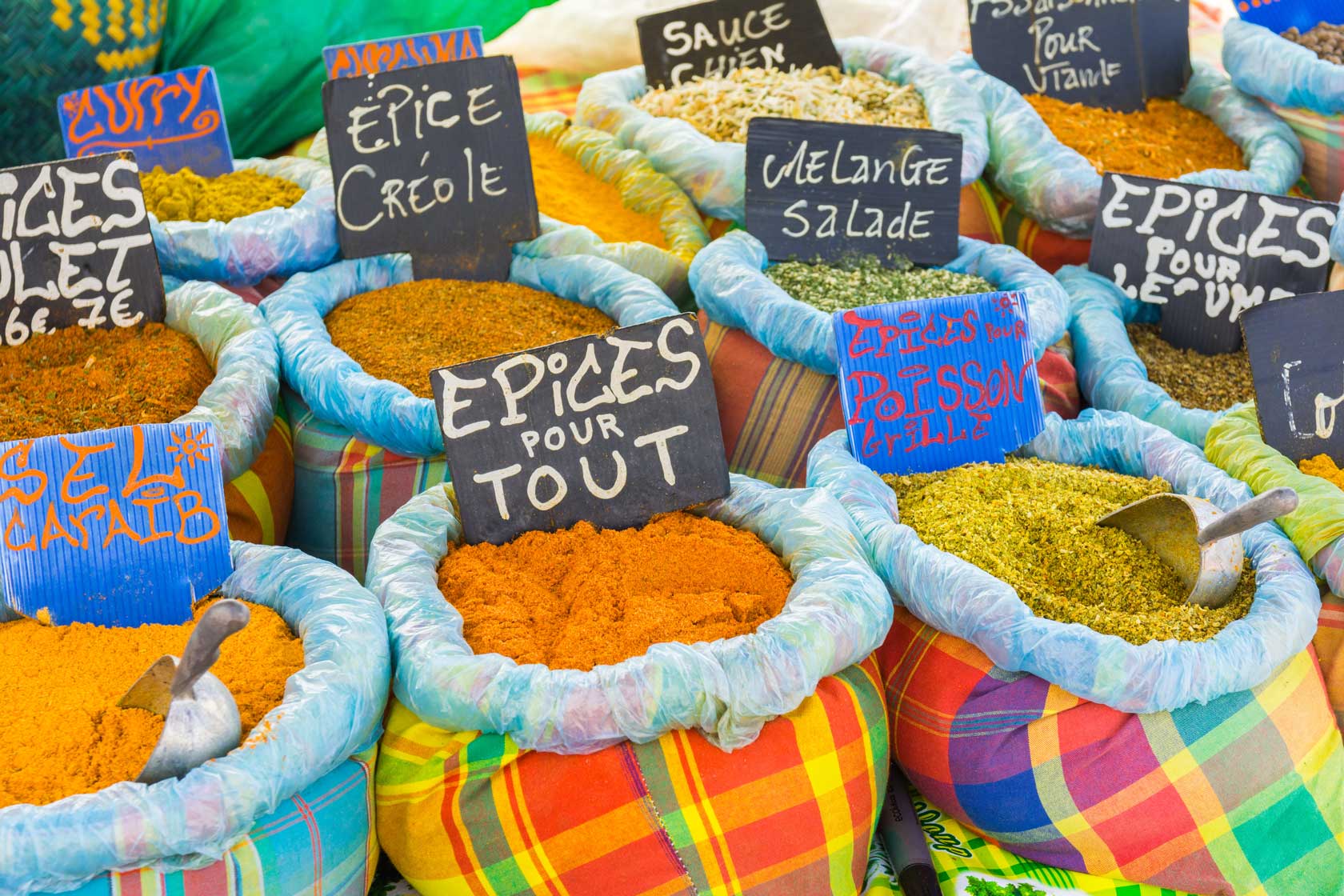 Various spices on a food market in Sainte-Anne, Grande-Terre, Guadeloupe