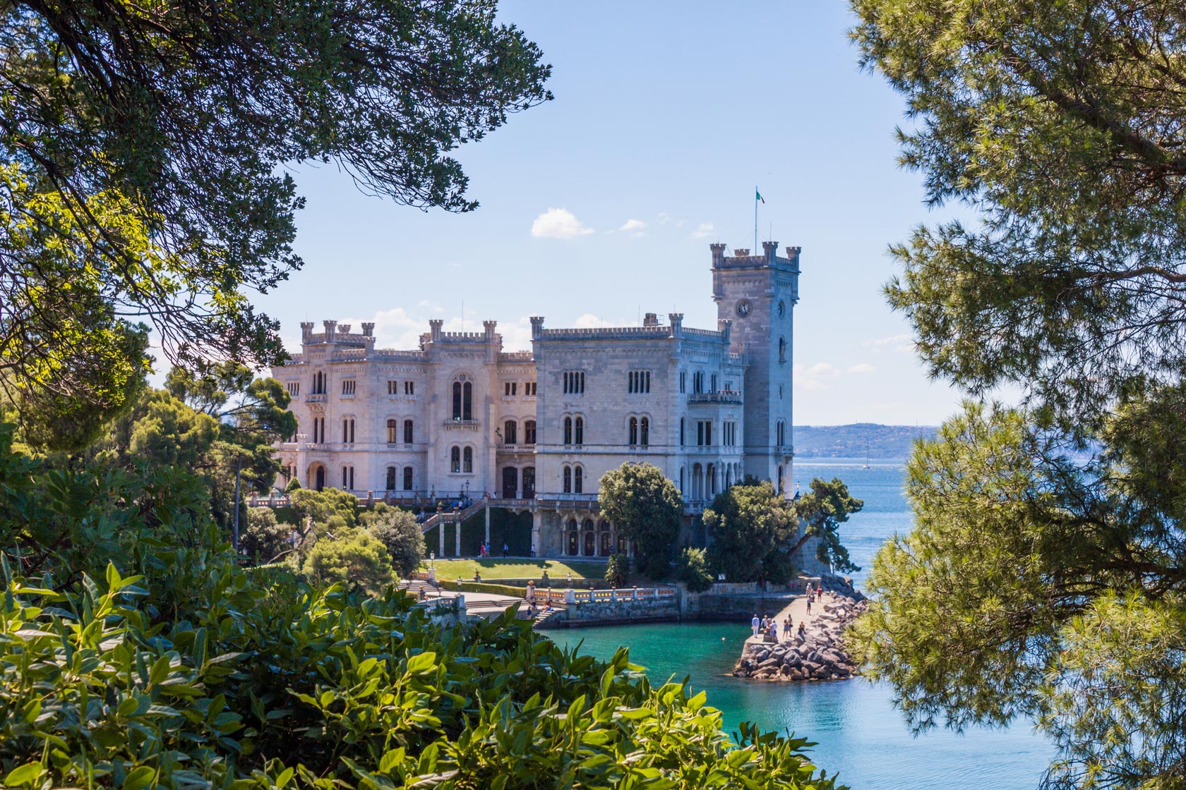 View of Miramare Castle, a 19th Century Castle, on the Gulf of Trieste.