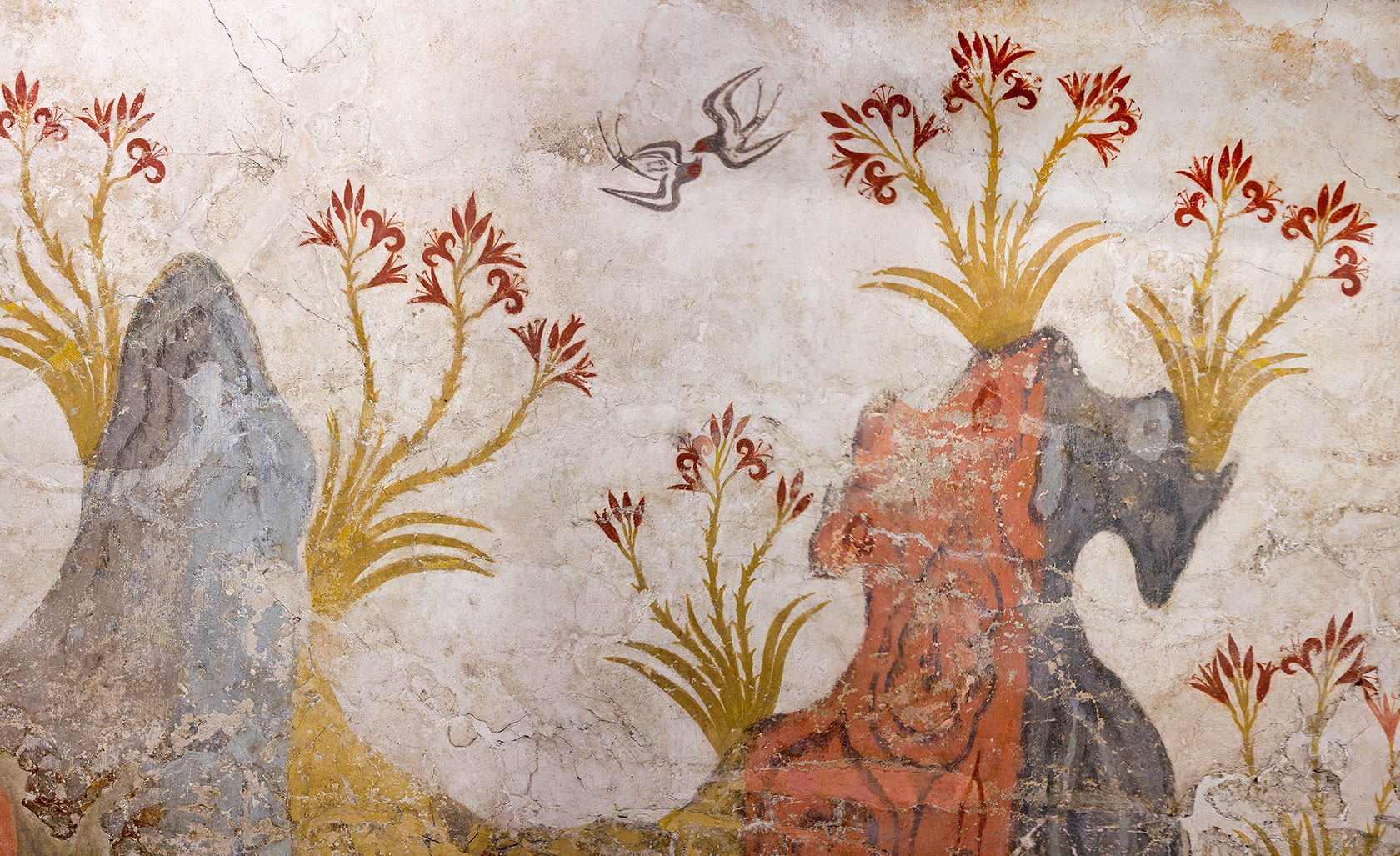 Springtime colorful fresco with trees, lilies flowers and swallows from Akrotiri Minoan Bronze Age settlement on the volcanic Greek island of Santorini.
