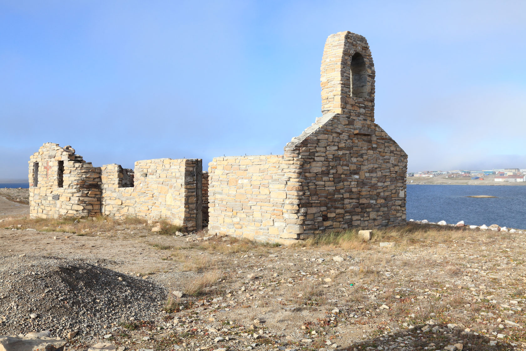 Shell of stone Catholic Church in Cambridge Bay, Nunavut, Canada