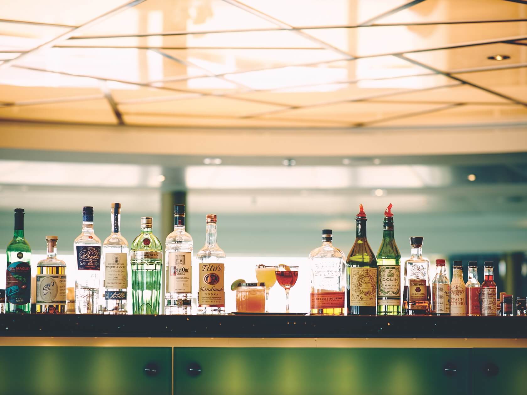 A line of cocktail bottles offered on Seabourn Caribbean cruises