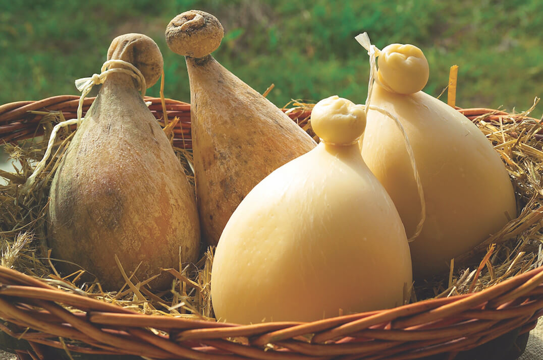 Caciocavallo Podolico cheese in a basket. 
