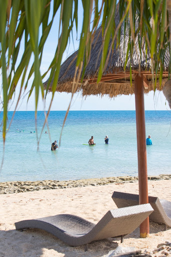 Under palm leaves, a grass umbrella provides shade for empty lounge chairs that overlook Seabourn passengers in the ocean.